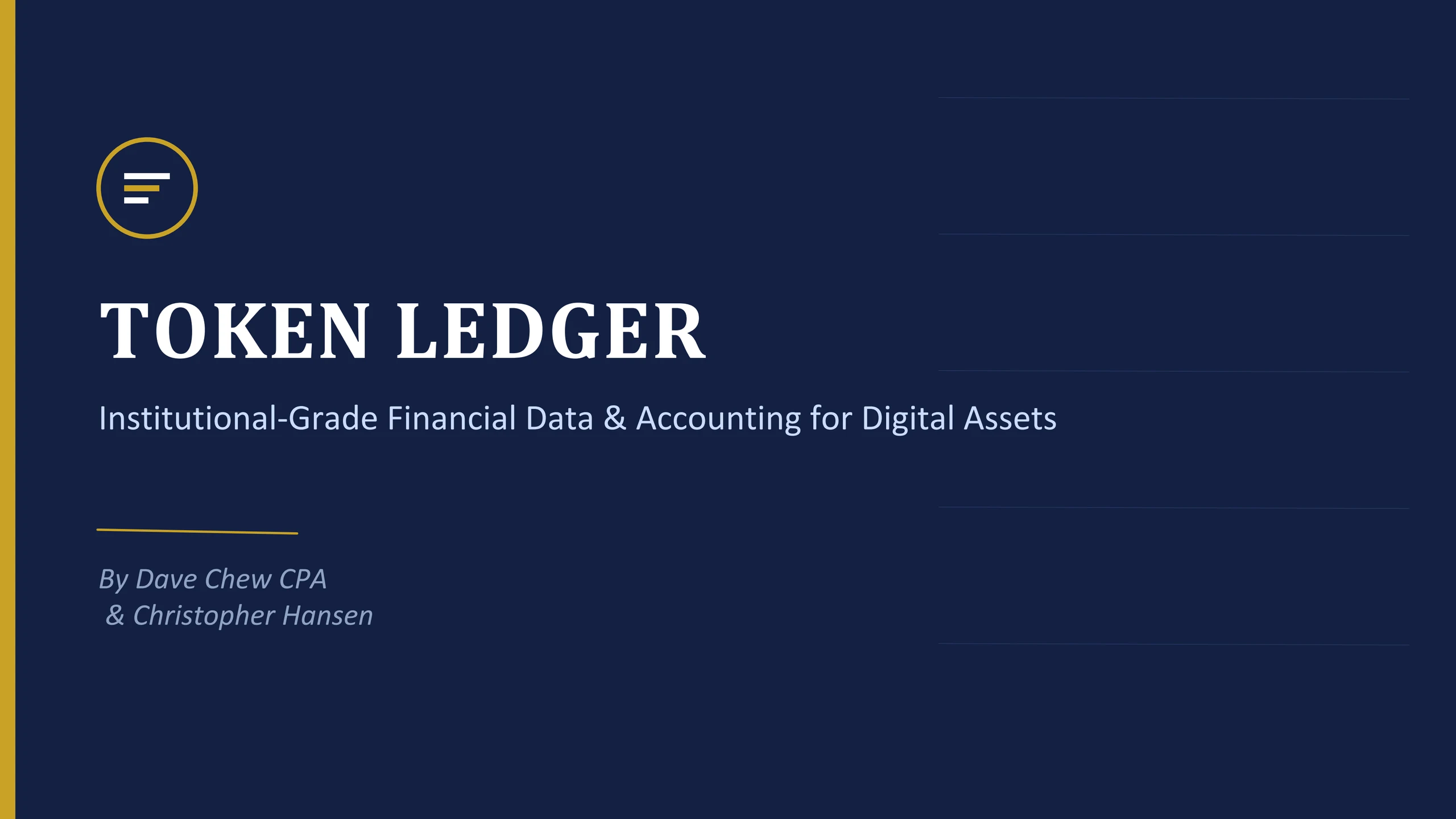Token Ledger pitch deck slide 1 of 14